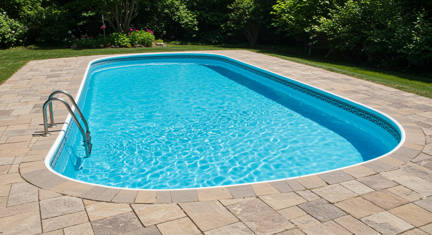 Pristine backyard pool with clear blue water and clean stone patio after professional green pool cleanup in Spring TX
