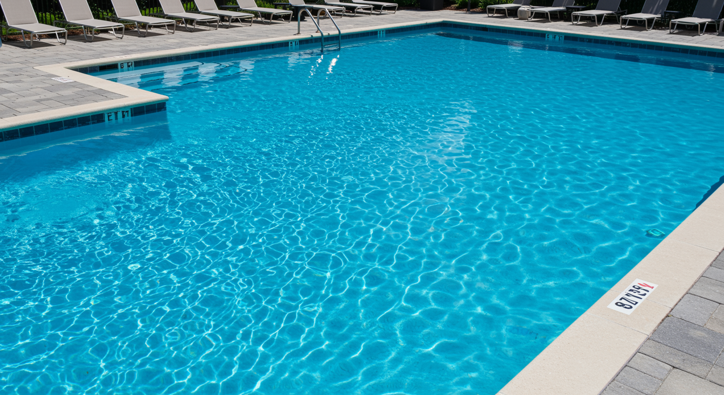 Pristine swimming pool with crystal-clear water and neat poolside area in Spring TX, representing professional pool chemical balancing service