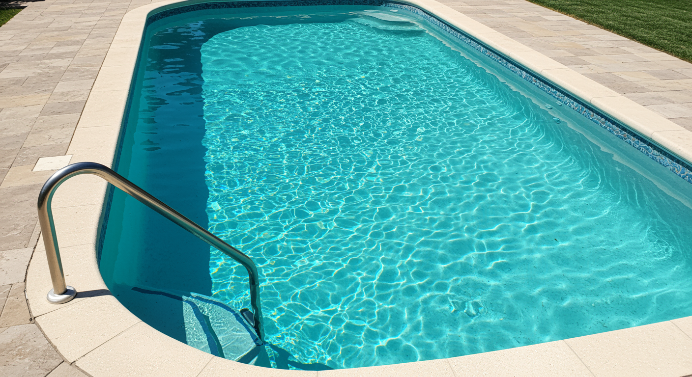 Crystal clear residential swimming pool surrounded by a pristine patio after professional pool cleaning in Spring TX