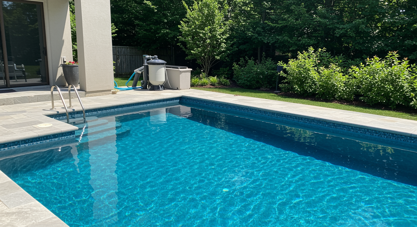 Clean swimming pool with pristine filtration system and inviting poolside area in Spring TX