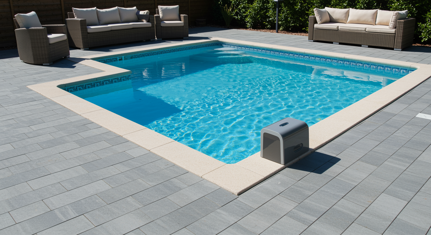 Modern pool with clean water and new pool heater in a sunny backyard in Spring TX