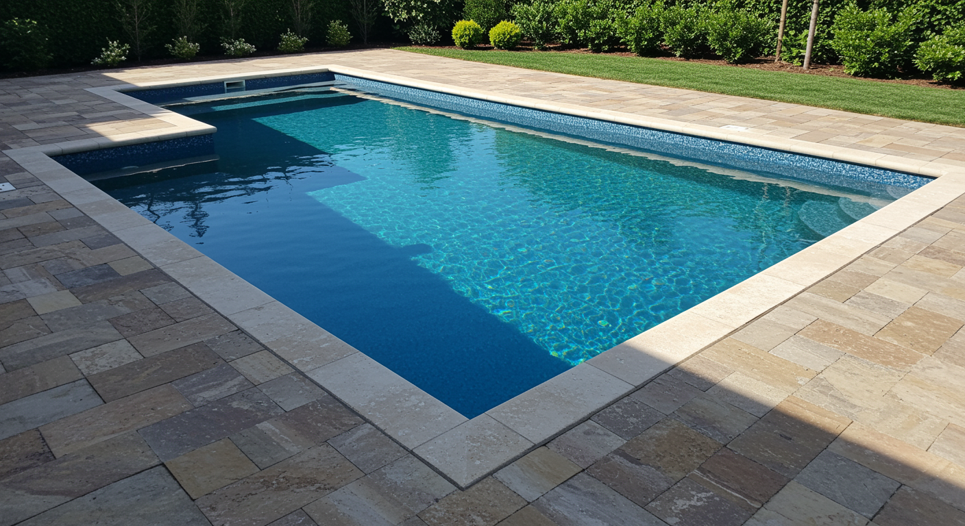 Pristine backyard pool with sparkling blue water and spotless stone decking after professional pool repair in Spring TX