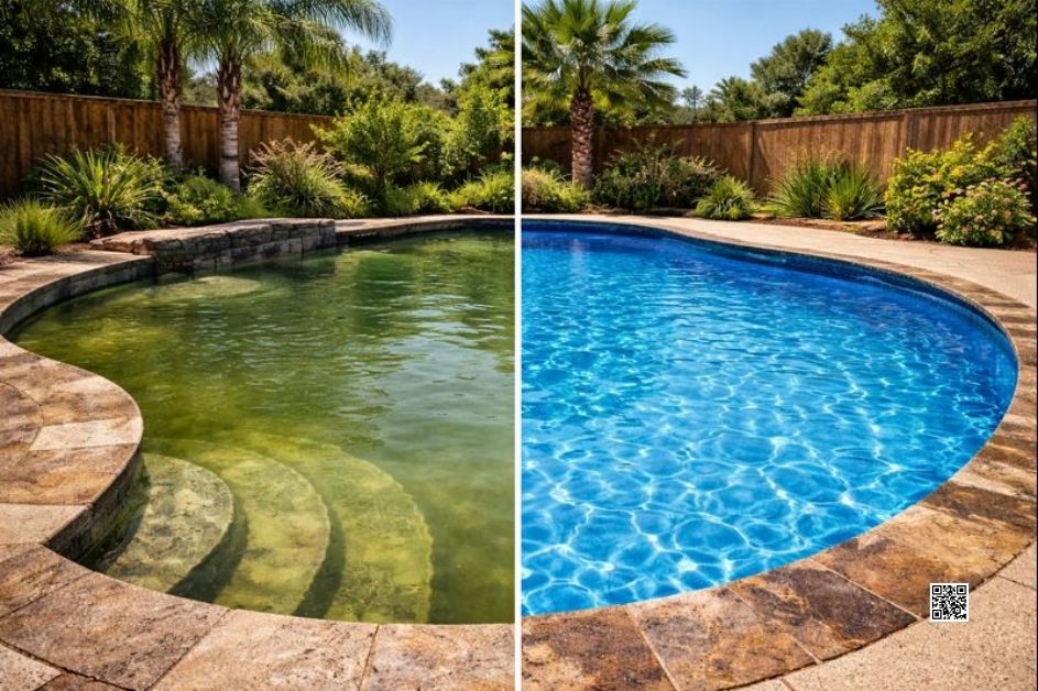 Before and after pool cleaning showing green to clear water in Spring, TX