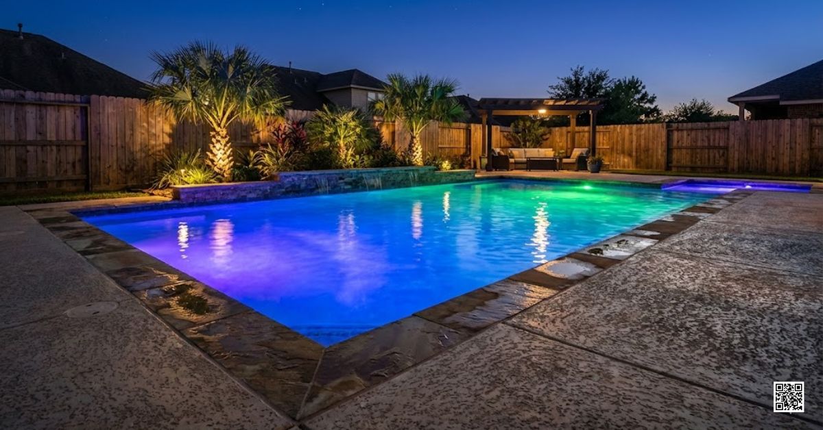 Custom swimming pool in Spring, TX illuminated by bright blue energy-efficient LED pool lights after professional installation.